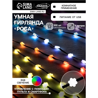 Умная гирлянда «Нить» 5 м роса с насадками «Цветочки», IP20, тёмная нить, 100 LED, пульт ДУ, приложение, свечение RGB, USB
