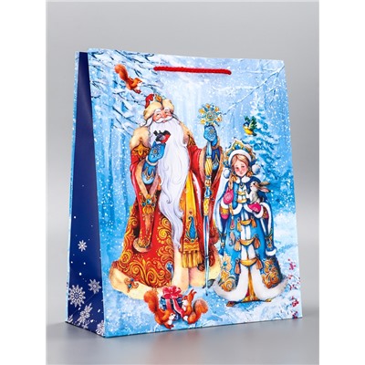 Пакет подарочный новогодний ламинированный, «Дед Мороз и снегурочка», 26×12×32 см