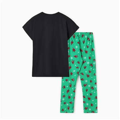 Пижама новогодняя женская (футболка, брюки) «Снежинки+Ёлка», чёрная, зелёная, размер 48