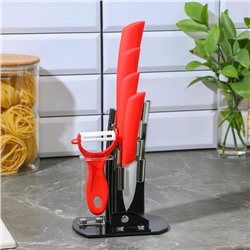 Набор кухонный на подставке Доляна «Симпл», 5 предметов: ножи 7.5 см, 10.5 см, 13 см, 15 см, овощечистка, цвет красный