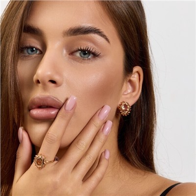 Комплект ювелирной бижутерии коллекция "Дубай" серьги и кольцо 17 р, покрытие позолота, вставка: стекло, цвет: шампань, арт.215.573-17