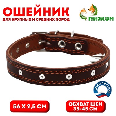 Ошейник кожаный «Строгий шип», 56×2.5 см, ОШ 35-45 см, коричневый