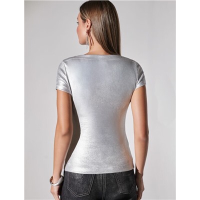 Футболка облегающая из хлопка в рубчик с вырезом лодочка с матовым покрытием металлик