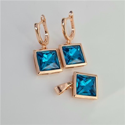 Комплект ювелирной бижутерии Дубайское золото: серьги и кулон с крупным камнем, покрытие позолота, вставка: фианит, цвет: голубой, арт.314.992