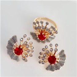 Комплект ювелирная бижутерия коллекция  "Дубай" серьги и кольцо 17 р, покрытие: позолота, вставка: фианит, цвет: красный и прозрачный, арт.313.112-17
