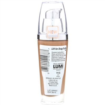L'Oreal, Тональная основа True Match Healthy Luminous Makeup, SPF 20, оттенок W6 солнечный бежевый, 30 мл