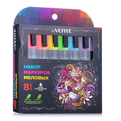 Набор маркеров меловых "Chalk Creative" 8 цветов, круглый корпус, двусторонний наконечник: пулевидный и скошенный, ширина линии 3 мм у пулевидного наконечника, 5 мм у скошенного наконечника