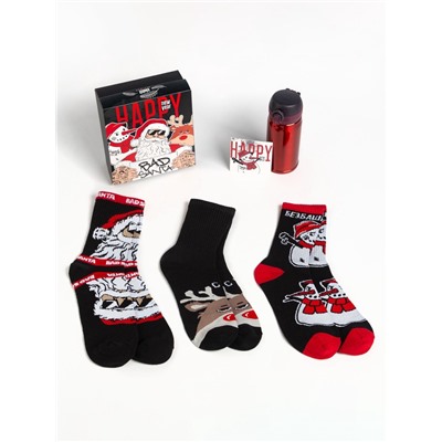 Новогодний подарок. Подарочный набор термос и носки 3 пары KAFTAN Bad Santa, размер 41-44 (27-29 см)