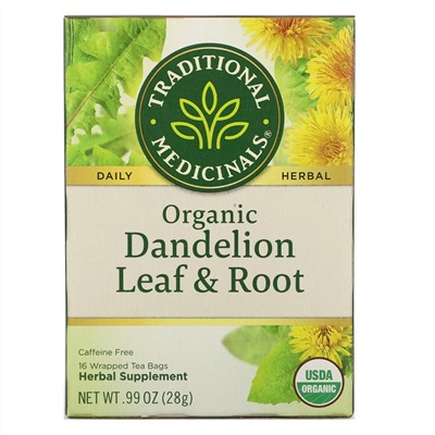 Traditional Medicinals, травяной сбор, листья и корень органического одуванчика, без кофеина, 16 чайных пакетиков в индивидуальной упаковке, 28 г (0,99 унции)
