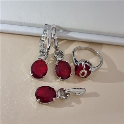 Комплект ювелирной бижутерии коллекция "Дубай" серьги, кулон и кольцо 18 р, покрытие посеребрение, вставка: стекло, цвет: красный, арт.313.444-18