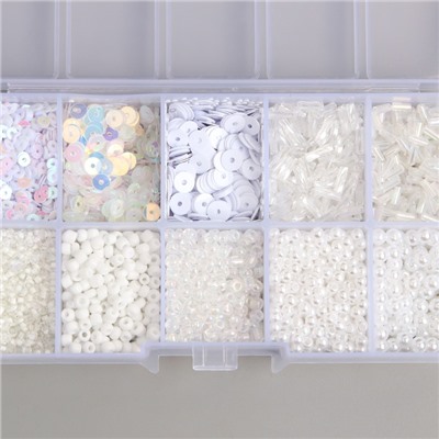 Бисер стекло 8/0, 12/0 в шкатулке «Белый», бусины, стеклярус и пайетки, 13×6.5×2.3 см