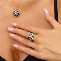 Комплект ювелирной бижутерии Итальянское золото (покрытие желтое 14к), серьги крупные, кулон и кольцо 17 р, покрытие позолота и посеребрение, вставка: фианиты, цвет: прозрачный и черный, арт. 213.045-