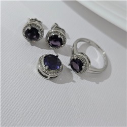 Комплект ювелирной бижутерии серьги, кулон и кольцо 17 р, покрытие посеребрение, вставка: фианиты, цвет: фиолетовый и прозрачный, арт.313.256-17