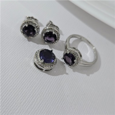 Комплект ювелирной бижутерии серьги, кулон и кольцо 19 р, покрытие посеребрение, вставка: фианиты, цвет: фиолетовый и прозрачный, арт.313.256-19