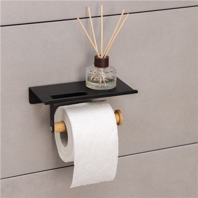 Держатель для туалетной бумаги с полочкой Stölz BAMBOO, 18×9.7×7.5 см, чёрный