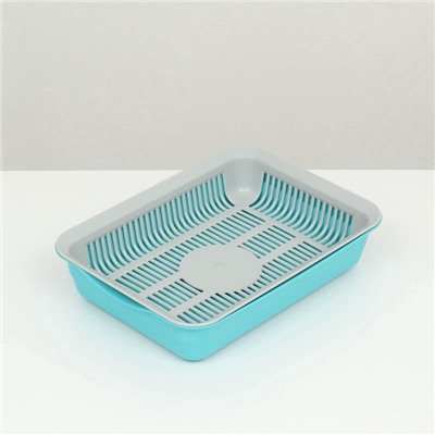 Туалет для кошек, 34.5×25.5×7.5 с, с сеткой, пластик, серый, бирюзовый