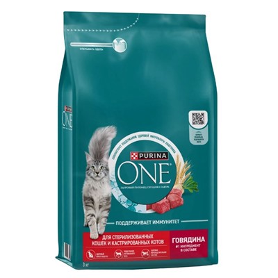 Сухой корм Purina One для стерилизованных кошек, говядина/пшеница,3 кг