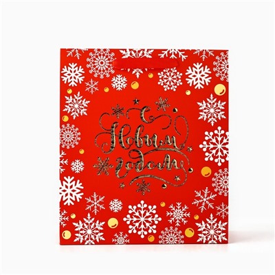 Пакет подарочный новогодний ламинированный «Золотые снежинки», тиснение, M 30×26×9 см
