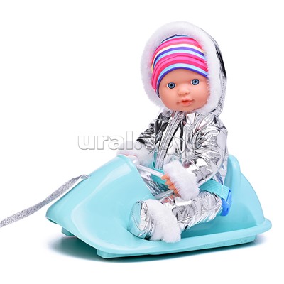 Пупс "Андрейка" на санях (пьет, писает) с аксессуарами, в коробке