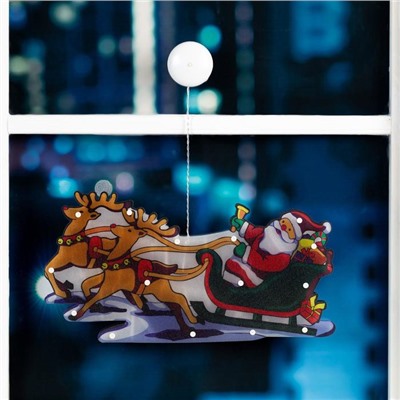 Светодиодная фигура на присоске «Дед Мороз в санях» 44×25 см, пластик, батарейки АААх3 (не в комплекте), свечение тёплое белое