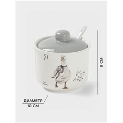 Сахарница с ложкой Доляна «Гуси», доломит, 10×9 см, 300 мл, белая