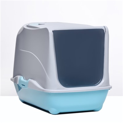 Туалет-домик для кошек закрытый с дверцей 43×32×33 см, бирюзово-серый
