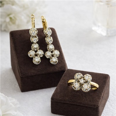 Комплект ювелирной бижутерии Итальянское золото (покрытие желтое 14к), серьги и кольцо 17 р, вставка: фианиты, цвет: прозрачный, арт.007.284-17