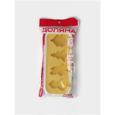 Форма для мороженого с крышкой Доляна «Новый год», силикон, 24×10×3 см, 4 ячейки, с палочками, жёлтая