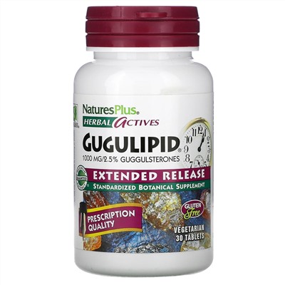 Nature's Plus, Herbal Actives, Gugulipid, с замедленным высвобождением, 1000 мг, 30 вегетарианских таблеток