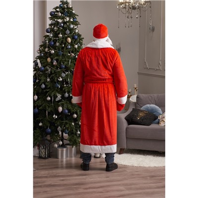 Карнавальный костюм красный «Дед Мороз»: шуба, шапка, варежки, борода, 52-54, рост 180