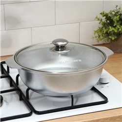 Жаровня KUKMARA, 3 л, d=26 см, h=9 см, стеклянная крышка, литой алюминий, серебристая