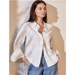 Блузка свободного силуэта в тонкую полоску из эластичного хлопка с добавлением льна