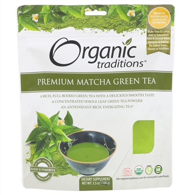 Organic Traditions, Зеленый чай матча, премиум, 3,5 унции (100 г)