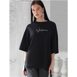 Футболка оверсайз с принтом стразами из премиального хлопка с эластаном