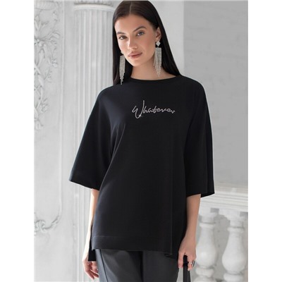 Футболка оверсайз с принтом стразами из премиального хлопка с эластаном