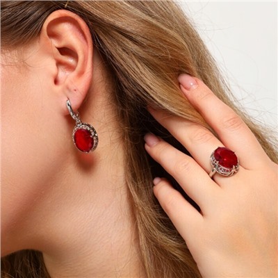 Комплект ювелирной бижутерии с крупным камнем серьги и кольцо 18 р, цвет: красный, арт.213.916-18