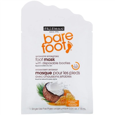 Freeman Beauty, Bare Foot, интенсивное увлажнение, маска для ног с одноразовыми бахилами, кокосовое молоко и мед, 1 пара для одноразового использования