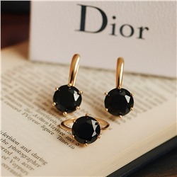 Комплект ювелирной бижутерии коллекция "Дубай" серьги и кольцо 19 р, покрытие позолота, вставка: фианит, цвет: черный, арт.007.118-19