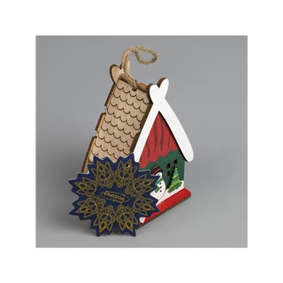 Ёлочная игрушка «Домик со снеговиком», 7.7×11×6 см, 1 LED, от батареек, свечение тёплое белое