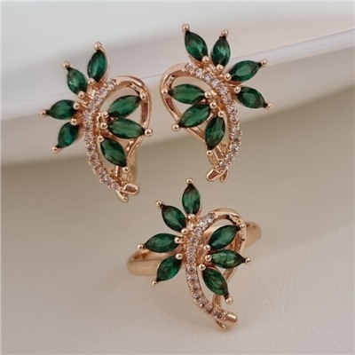 Комплект ювелирной бижутерии коллекция "Дубай" серьги и кольцо 16 р, покрытие позолота, вставка: фианиты, цвет: зеленый и прозрачный, арт.215.490-16