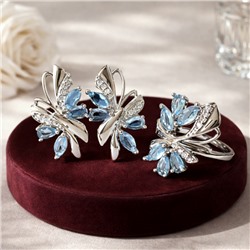 Комплект ювелирная бижутерия, серьги и кольцо посеребрение, камни цвет голубой, р-р 19, 76168, арт.414.461-19