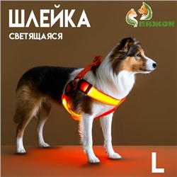 Шлейка светящаяся размер L, стропа 2.5 см, ОГ 43-60 см, 3 режима свечения оранжевая