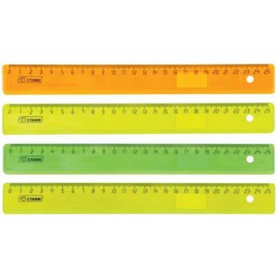 Линейка пластиковая 25 см прозрачная неоновые цвета, ассорти ЛН22 Стамм