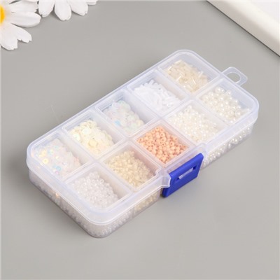 Бисер стекло 8/0, 12/0 в шкатулке «Телесный», бусины, стеклярус и пайетки, 13×6.5×2.3 см