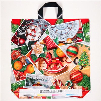 Пакет новогодний «Коллаж», полиэтиленовый с петлевой ручкой, 44×44 см