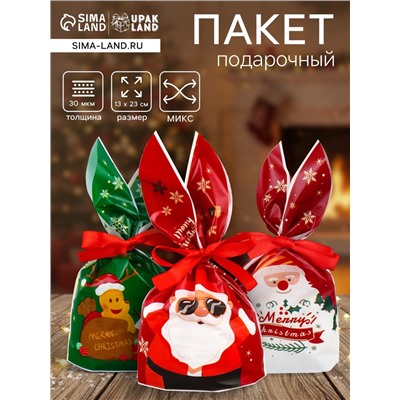 Пакет подарочный новогодний, полиэтиленовый с ушками «Дед Мороз в очках», МИКС, 13×23 см