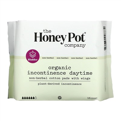 The Honey Pot Company, Organic Incontinence Daytime, Non-herbal Cotton Pads With Wings, 16 Count
