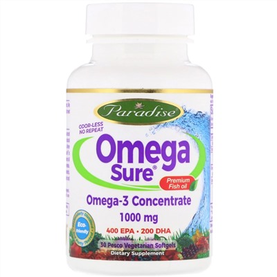 Paradise Herbs, Omega Sure, Omega-3 Premium Fish Oil, 1,000 mg, 30 Pesco Vegetarian Softgels