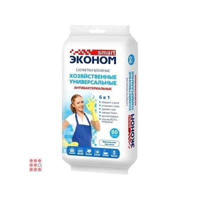Влажные салфетки хозяйственные антибактериальные 6 в 1 "Эконом smart", 80шт