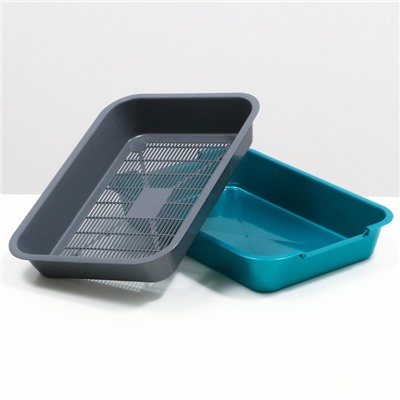 Туалет для кошек, 36×26×6.5 с, средний, с сеткой, пластик, серый, бирюзовый